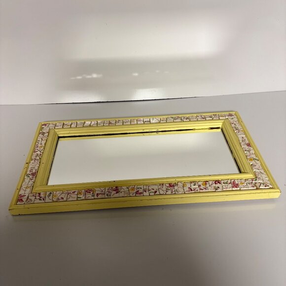 Mosaic Yellow Mirror Handcrafted Floral Tile Frame Shabby Chic Wall Decor VTG - Picture 8 of 8